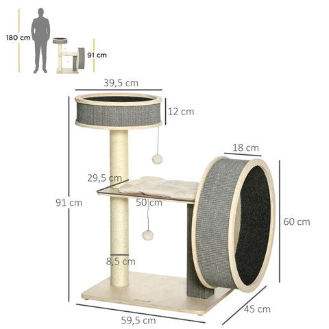 Rootz Scratching Post - Cat Tree - Climbing Tree - With Cat Cave - Sisal Posts - Play Balls - Multi-layer Board/Sisal/Plush - Natural/Cream/White - 59.5 x 45 x 91 cm