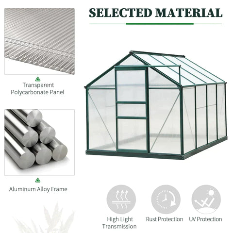 Rootz Greenhouse - Helder Polycarbonaat Greenhouse - Grote Walk-in Green House - Aluminium/PC Board - Groen/Transparant - 190L x 252B x 201H (cm)