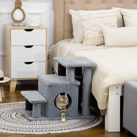 Rootz Krabpaal - Dierentrap - 4 Trappen - Speelbal - Huisje - In Hoogte Verstelbaar - Zwart + Grijs - 60 x 40 x 66 cm