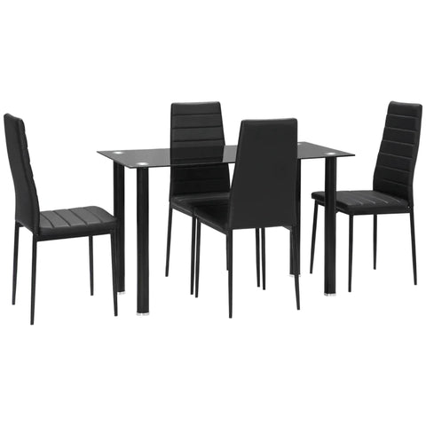 Rootz 5 Pcs. Dining Group - Table + 4 Chairs - Tempered Glass Top - Steel Frame - Imitation Leather Cover - Black