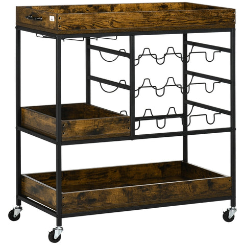 Rootz Kitchen Trolley - Serving Trolley - Industrial Kitchen Cart - With Bottle Holders - 2 Shelves - Chipboard/Steel - Black/Brown - 86.5cm x 40cm x 91.5cm