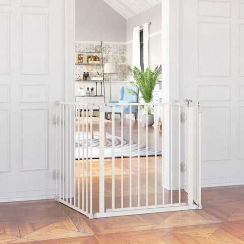 Rootz Dog Barrier - Door Gate - Pet Gate - Angle Adjustable - Foldable Configuration Gate with Automatic Closing Door - 3 Panels - White - 202.5 x 76 cm
