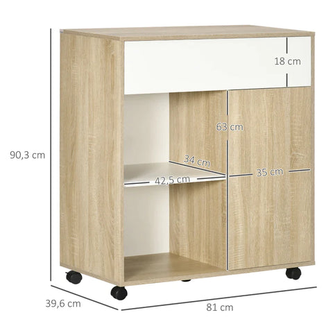 Rootz Rolling Cabinet - Drawer - Storage Compartment With Door - Open Shelf - White + Wood - 81 x 39.6 x 90.3 cm
