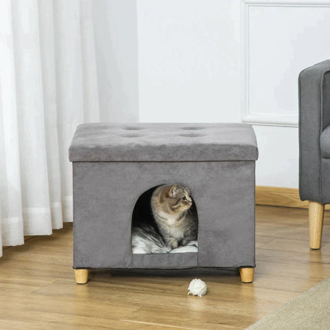 Rootz Cat Cave - Cat House - Cat Basket - 2-in-1 Cat Cave - With Cushion - Wooden Legs - Grey - 60 x 45 x 44.5 cm