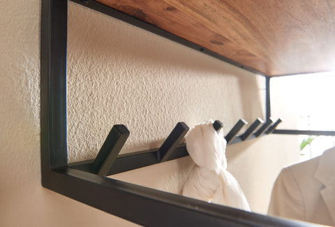 Rootz Coat Rack - Acacia Solid Wood with Metal - Hook Rail with Shelf and Clothes Rail - Wall-Mounted Cloakroom for Hall - 80x22x33cm