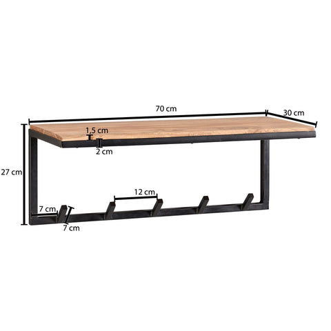 Rootz Coat Rack - Acacia Solid Wood with Metal - Hook Rail with Shelf - Wall-Mounted Cloakroom for Hall - 70x27x30cm