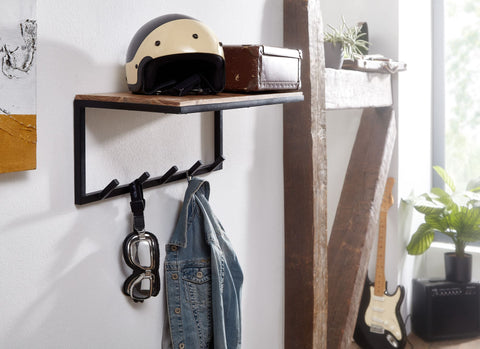 Rootz Coat Rack - Acacia Solid Wood with Metal - Hook Rail with Shelf - Wall-Mounted Cloakroom for Hall - 70x27x30cm