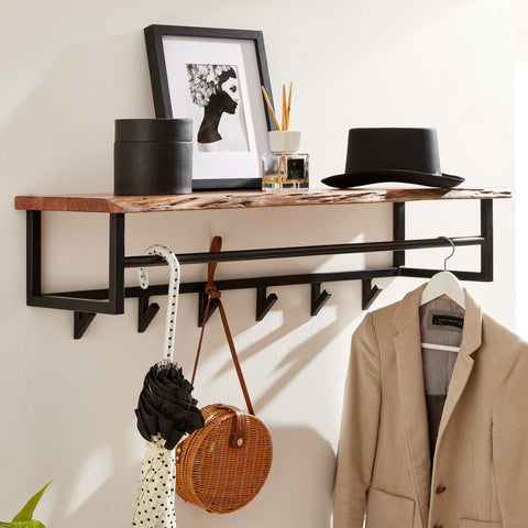 Rootz Coat Rack - Acacia Solid Wood with Metal - Hook Rail with Shelf - Wall-Mounted Cloakroom for Hall - 100x26.5x34cm