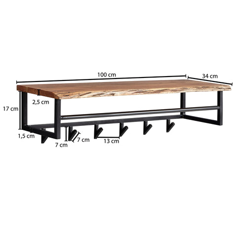 Rootz Coat Rack - Acacia Solid Wood with Metal - Hook Rail with Shelf - Wall-Mounted Cloakroom for Hall - 100x26.5x34cm