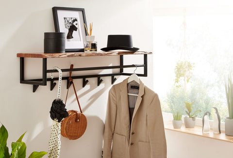 Rootz Coat Rack - Acacia Solid Wood with Metal - Hook Rail with Shelf - Wall-Mounted Cloakroom for Hall - 100x26.5x34cm