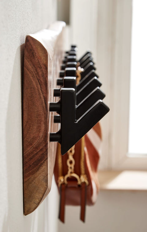 Rootz Coat Rack - Acacia Solid Wood with Metal - Wall-Mounted Hook Rail - Wood Hall Coat Rack - 90x19x9cm