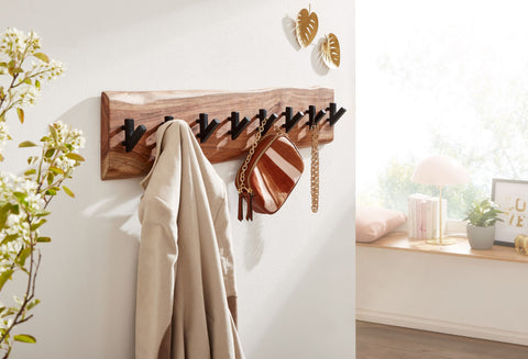 Rootz Coat Rack - Acacia Solid Wood with Metal - Wall-Mounted Hook Rail - Wood Hall Coat Rack - 90x19x9cm