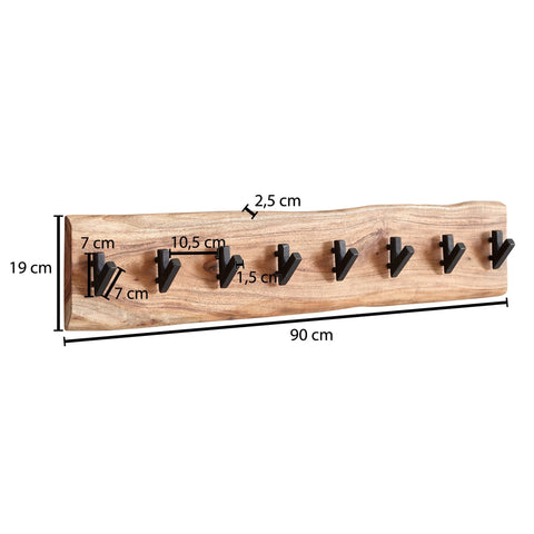 Rootz Coat Rack - Acacia Solid Wood with Metal - Wall-Mounted Hook Rail - Wood Hall Coat Rack - 90x19x9cm