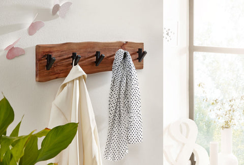 Rootz Coat Rack - Acacia Solid Wood with Metal - Wall-Mounted Hook Rail - Wood Hall Coat Rack - 60x17x9cm