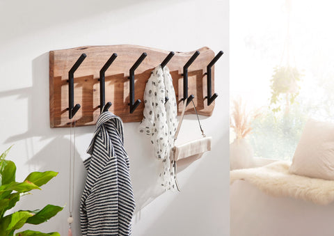 Rootz Coat Rack - Acacia Solid Wood with Metal - Wall-Mounted Hook Rail - Wood Hall Coat Rack - 100x29x12.5cm
