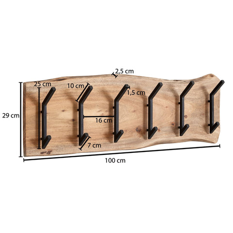 Rootz Coat Rack - Acacia Solid Wood with Metal - Wall-Mounted Hook Rail - Wood Hall Coat Rack - 100x29x12.5cm