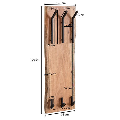 Rootz Coat Rack - Acacia Solid Wood with Metal - 35.5x100x11cm - 2-Row Hook Rail - Wall-Mounted Hall Coat Rack