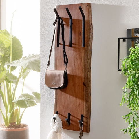 Rootz Coat Rack - Acacia Solid Wood with Metal - 35.5x100x11cm - 2-Row Hook Rail - Wall-Mounted Hall Coat Rack
