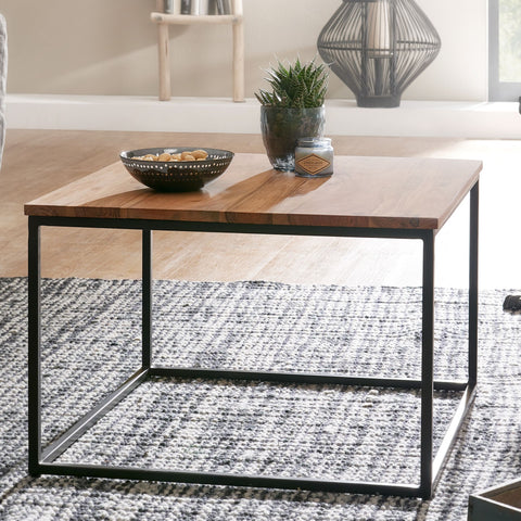 Rootz Couchtisch – Akazienholz mit Metallrahmen – Wohnzimmertisch im Industriestil – Couchtisch aus Massivholz – 60 x 60 x 41 cm
