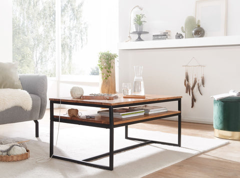 Rootz Industrieller Couchtisch – Massivholz und Metall – Wohnzimmertisch aus Akazienholz mit Stauraum – 100 x 60 x 45 cm
