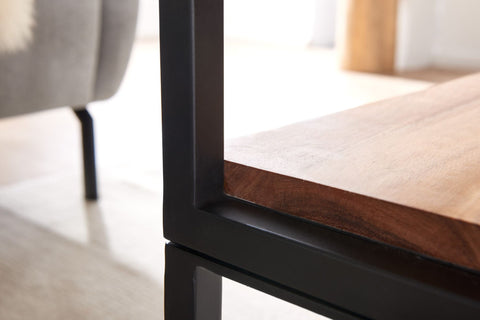 Rootz Industrieller Couchtisch – Massivholz und Metall – Wohnzimmertisch aus Akazienholz mit Stauraum – 100 x 60 x 45 cm