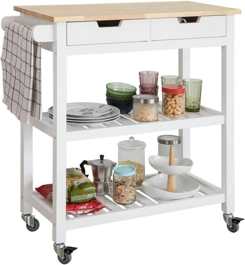 Rootz Keukenopbergwagen Serveerwagen Keukenplank met rubberen houten blad 2 laden 2 planken