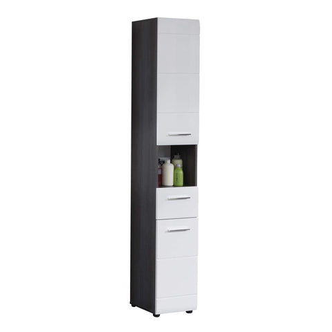 Rootz Tall Cabinet - Bathroom Storage Unit - Tower Shelf - Linen Closet - Utility Cupboard - Vertical Organizer - Standalone Rack - White High Gloss/Smoky Silver - 30 x 182 x 31 cm.