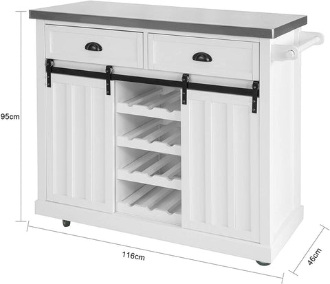 Rootz Kitchen Storage Trolley - Kitchen Cabinet - Cupboard - Sideboard - Kitchen Island with Stainless Steel Top & 2 Sliding Doors