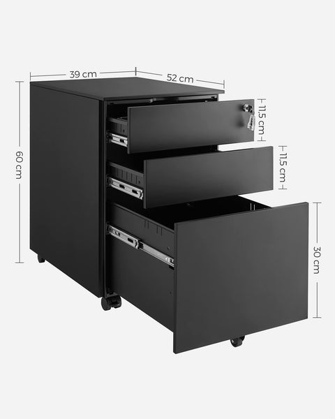 Rootz Steel Rolling Cabinet with 3 Drawers - Hanging File Lockable Office Cabinet - 52 x 39 x 60 cm