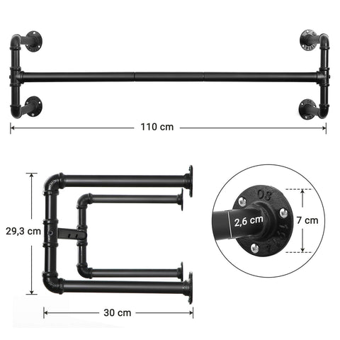 Rootz Wall Mounted Clothes Rack - Set of 2 - Industrial Pipe Clothes Hanging Bar - Black - 110 x 30 x 29.3 cm
