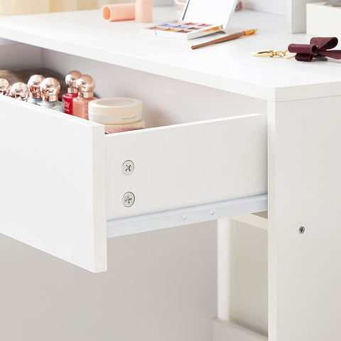 Rootz Dressing Table - Cosmetic Table - Open Compartments - Mirror - 1 Drawer - Adjustable Shelves - White - Processed Wood - 70 x 40 x 136 cm