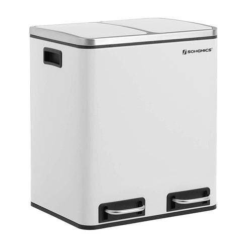 Rootz Trash Can - 30 L - Pedal Bin - Inner Bin - 2x 15 L - Metal - White - Waste Separation - Soft Close - Airtight - 41 x 36 x (47-73.5) cm