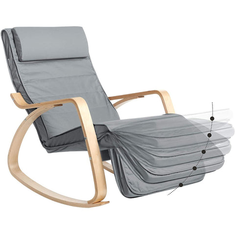 Rootz Rocking Chair - Relax Chair - Armrests - 5-Way Adjustable Footrest - Birch Wood - Gray - Beige - 67 x 115 x 91 cm