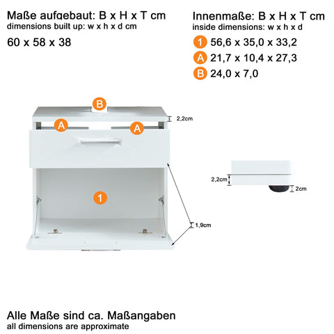 Rootz Bathroom Vanity Unit - Storage Cabinet - Washbasin Stand - Sink Base - Bathroom Organizer - Under-sink Cabinet - Bath Storage - White - 60 x 58 x 38 cm