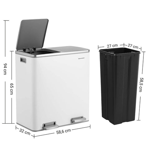 Rootz Trash Can - Pedal Bin - 30 Liter - 2 Compartments - Waste Separation - Plastic - Inner Bucket - Soft Close - Airtight - 58.6 x 32 x 65 cm