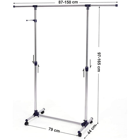 Rootz Adjustable Clothes Rack - Mobile On Wheels - Wardrobe Rack Standing - 150 x 44 x 165