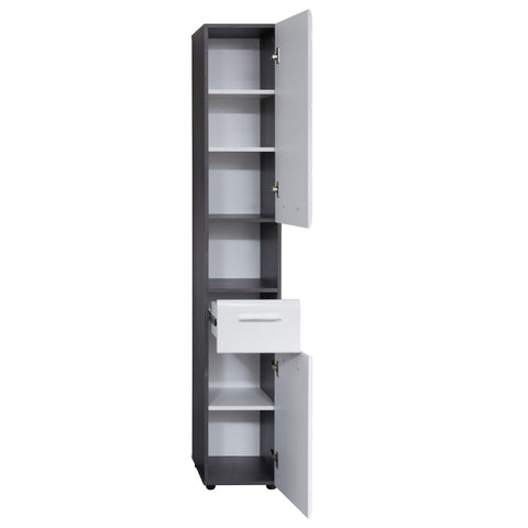 Rootz Tall Cabinet - Bathroom Storage Unit - Tower Shelf - Linen Closet - Utility Cupboard - Vertical Organizer - Standalone Rack - White High Gloss/Smoky Silver - 30 x 182 x 31 cm.