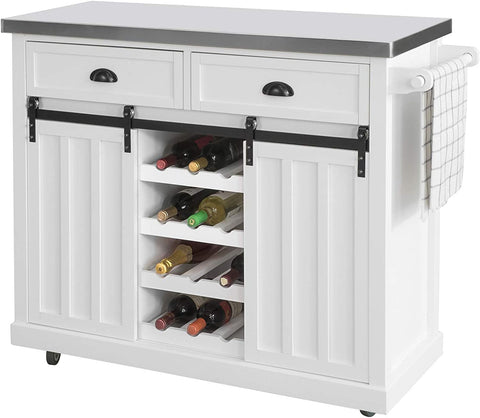 Rootz Kitchen Storage Trolley - Kitchen Cabinet - Cupboard - Sideboard - Kitchen Island with Stainless Steel Top & 2 Sliding Doors