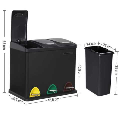 Rootz Trash can - 24 L - 3-in-1 - Pedal bin - Waste separation - Steel - Inner bin - Black - 46.5 x 29.5 x (40.5-65) cm