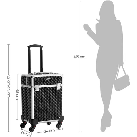 Rootz Make-Up Case - Beauty Case - Handle - Wheels - Drawers - Travel - Black - Silver - 34 x 24 x 45 cm