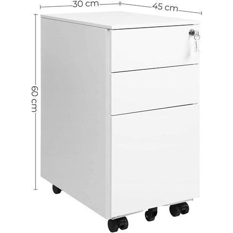 Rootz Filing Cabinet - On Wheels - Storage Cabinet - Cabinet with Lock - White