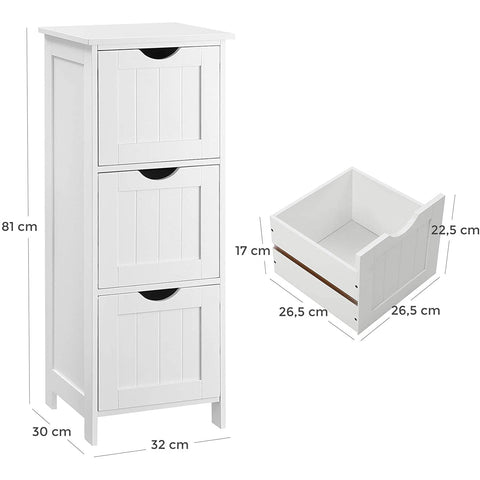 Rootz Storage Cabinet - Bathroom Cabinet - Chest of Drawers - 3 Drawers - White - Standing Cabinet - MDF - 32 x 30 x 81 cm