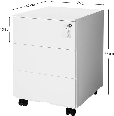 Rootz Drawer Unit - Filing Cabinet - On Wheels - Lock - 3 Drawers - White - Metal - 39 x 45 x 55 cm