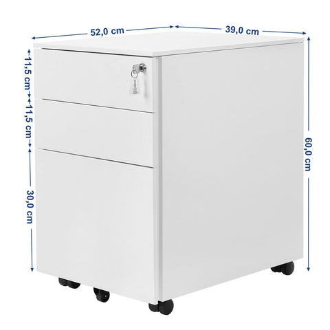 Rootz Lockable office cabinet with hanging file - Under desk with 3 drawer - Pre-assembled - For files and documents - White (52 x 39 x 60 cm)