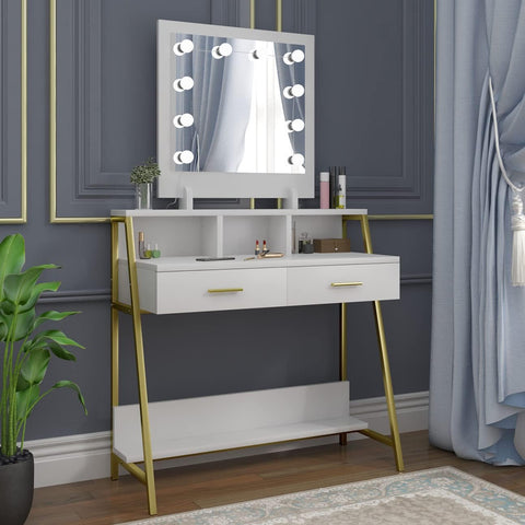 Rootz Dressing Table - Vanity Desk - Makeup Stand - Cosmetic Organizer - Beauty Station - Illuminated Console - Makeup Table - White - 90x153x40 cm