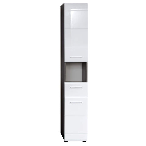 Rootz Tall Cabinet - Bathroom Storage Unit - Tower Shelf - Linen Closet - Utility Cupboard - Vertical Organizer - Standalone Rack - White High Gloss/Smoky Silver - 30 x 182 x 31 cm.