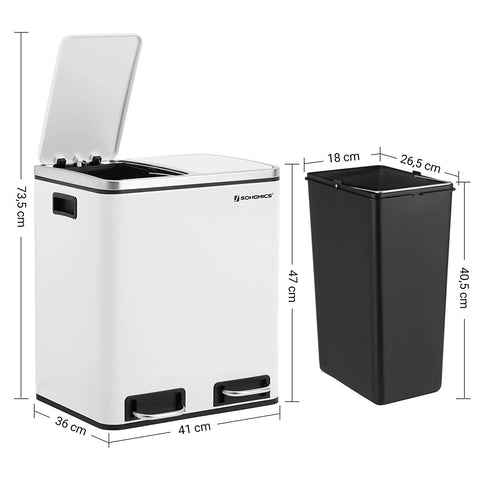 Rootz Trash Can - 30 L - Pedal Bin - Inner Bin - 2x 15 L - Metal - White - Waste Separation - Soft Close - Airtight - 41 x 36 x (47-73.5) cm