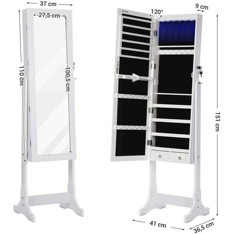 Standing Jewelery Cabinet with Mirror and LED lighting - Lockable - Jewelery storage cabinet with large mirror