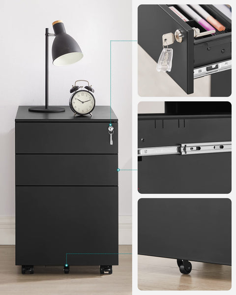 Rootz Steel Rolling Cabinet with 3 Drawers - Hanging File Lockable Office Cabinet - 52 x 39 x 60 cm
