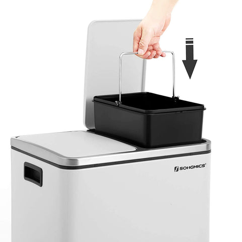 Rootz Trash Can - 30 L - Pedal Bin - Inner Bin - 2x 15 L - Metal - White - Waste Separation - Soft Close - Airtight - 41 x 36 x (47-73.5) cm